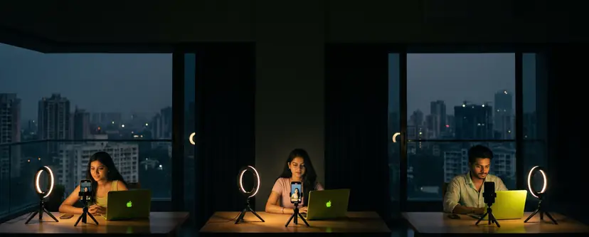 Three creators filming short videos on phones in a Mumbai apartment at dusk